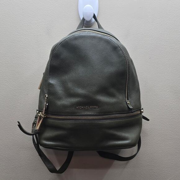 Michael Kors Pebbled Leather Rhea Zip Backpack Travel Ready Bag Olive Green - Picture 1 of 12